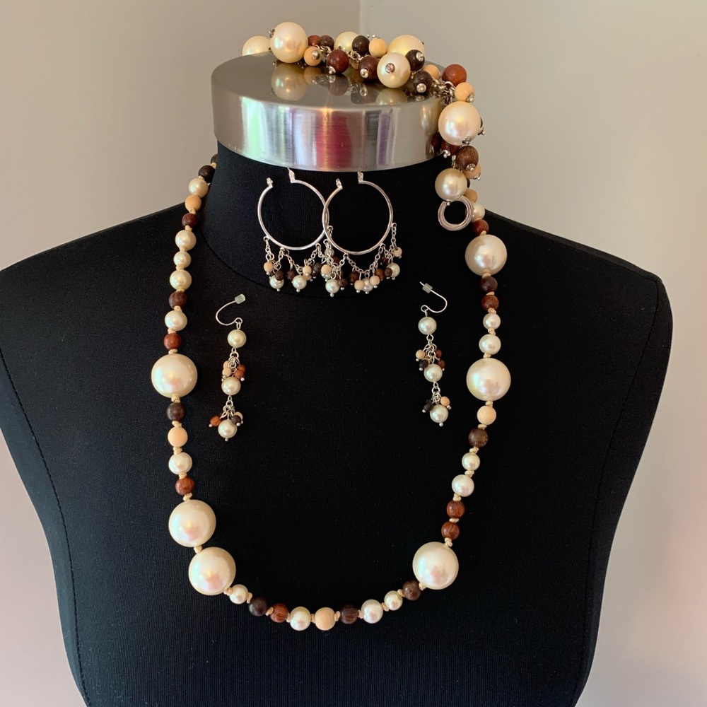 Pearl, Brown Wooden, & Silver Bauble Necklace, Bracelet, Two Pair Earrings Set